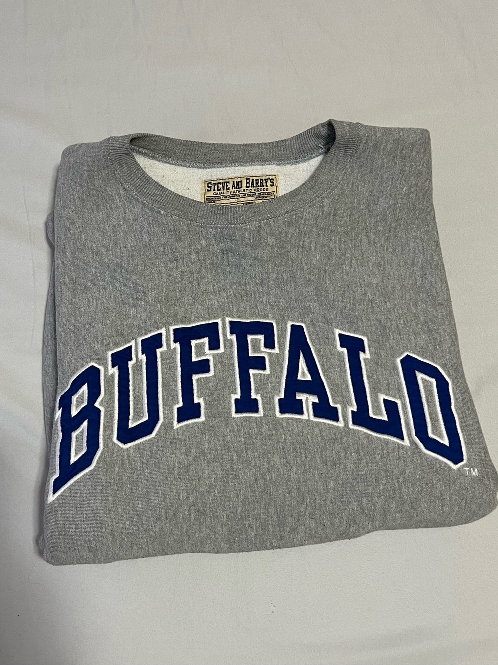 Steve & Barry's Gray Crewneck Sweater with Blue 'BUFFALO' Appliqué